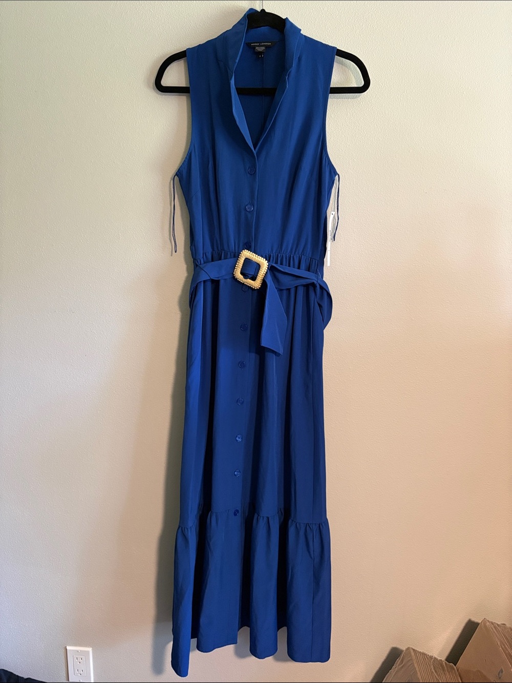 Maggy London Sleeveless Cobalt Blue Maxi Shirt Dress with Buckle Belt